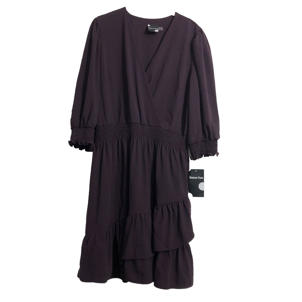 Maison Tara Dress Long Sleeve Cinch Waist Layer Hem Ruffles Women’s 14